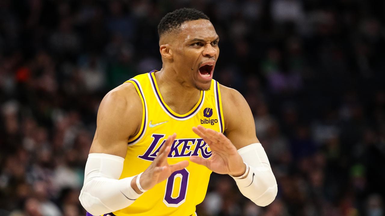 MINNEAPOLIS, MN - MARCH 16: Russell Westbrook #0 of the Los Angeles Lakers reacts after getting called for a foul against the Minnesota Timberwolves in the fourth quarter at Target Center on March 16, 2022 in Minneapolis, Minnesota. The Timberwolves defeated the Lakers 124-104. NOTE TO USER: User expressly acknowledges and agrees that, by downloading and or using this Photograph, user is consenting to the terms and conditions of the Getty Images License Agreement. (Photo by David Berding/Getty Images)