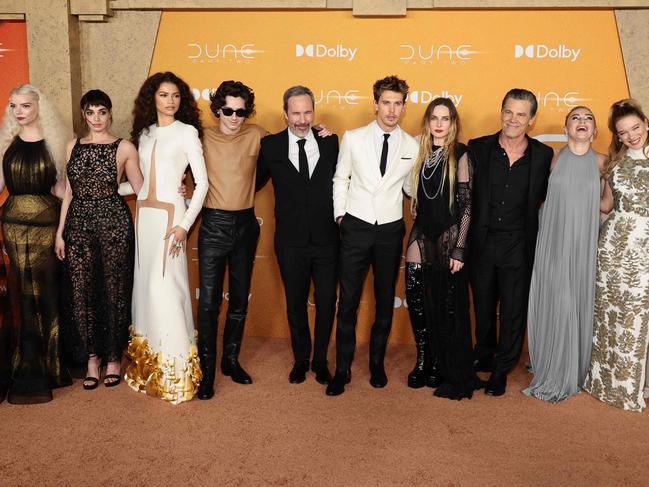 Anya Taylor-Joy, Souheila Yacoub, Zendaya, Timothee Chalamet, Denis Villeneuve, Austin Butler, Rebecca Ferguson, Josh Brolin, Florence Pugh, and Lea Seydoux attend the <i>Dune: Part Two</i> premiere in NYC. Picture: Dimitrios Kambouris/Getty Images/AFP