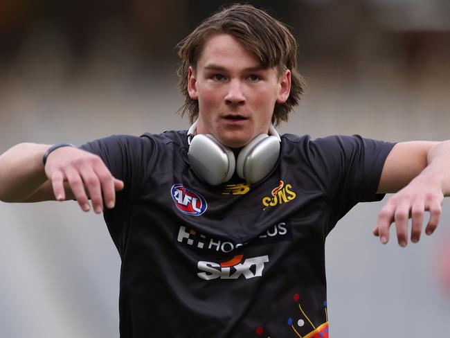 PERTH, AUSTRALIA - MAY 12: Bailey Humphrey of the Suns warms up before the 2023 AFL Round 09 match between the West Coast Eagles and the Gold Coast Suns at Optus Stadium on May 12, 2023 in Perth, Australia. (Photo by Will Russell/AFL Photos via Getty Images)