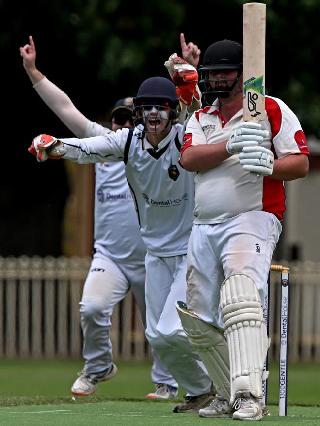 GDCA: Romsey bat Taylor Stevenson is caught behind by Jack Kovacevic of Bacchus Marsh. Picture: Andy Brownbill