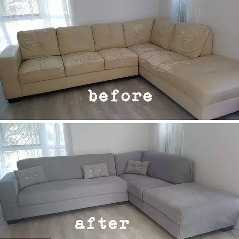A thrifty shopper has revealed how she restored her old, flaking leather couch with an unlikely $12 buy from Kmart. Picture: Facebook