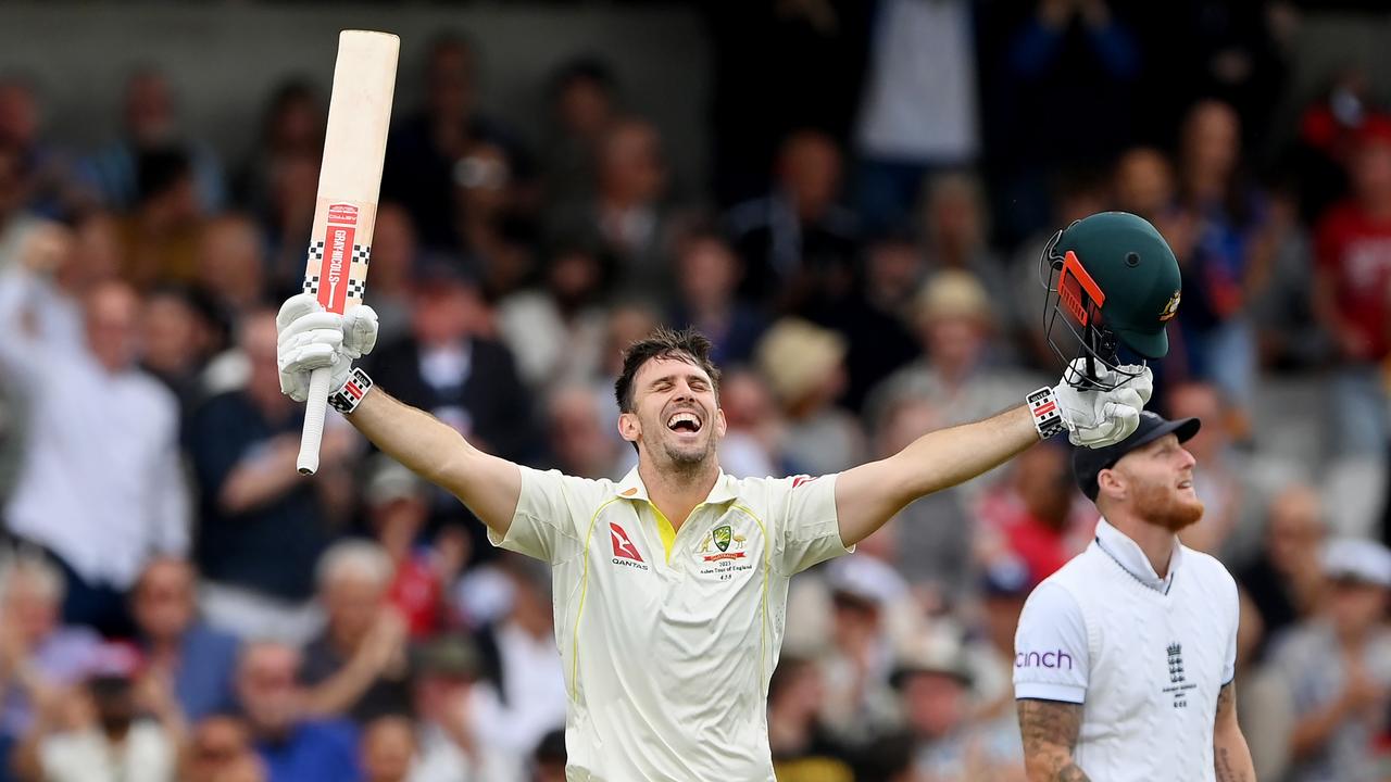 Mitchell Marsh celebrates after reaching his century during the third Ashes test at Headingley. Picture: Photo by Stu Forster/Getty Images.