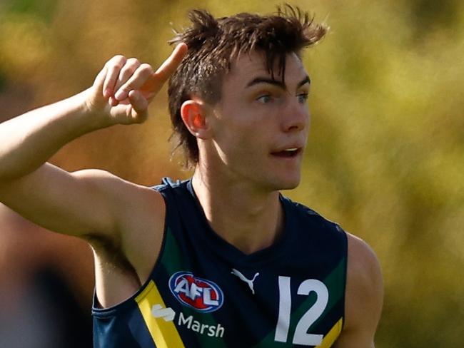 MELBOURNE, AUSTRALIA - APRIL 27: Jagga Smith of the AFL Academy in action during the 2024 AFL Academy match between the Marsh AFL National Academy Boys and Footscray Bulldogs at Whitten Oval on April 27, 2024 in Melbourne, Australia. (Photo by Michael Willson/AFL Photos via Getty Images)