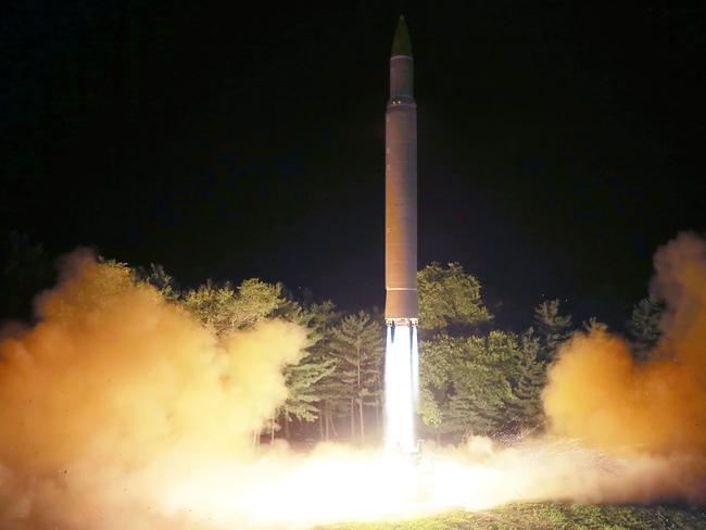 North Korea’s most recent launch of an intercontinental ballistic missile was condemned around the world. Picture: KNCA/AFP