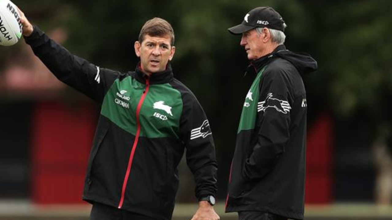 SYDNEY, AUSTRALIA - MARCH 09: Rabbitohs assistant coach Jason Demetriou talks to Rabbitohs head coach Wayne Bennett during a South Sydney Rabbitohs NRL training session at Redfern Oval on March 09, 2020 in Sydney, Australia. (Photo by Mark Metcalfe/Getty Images)
