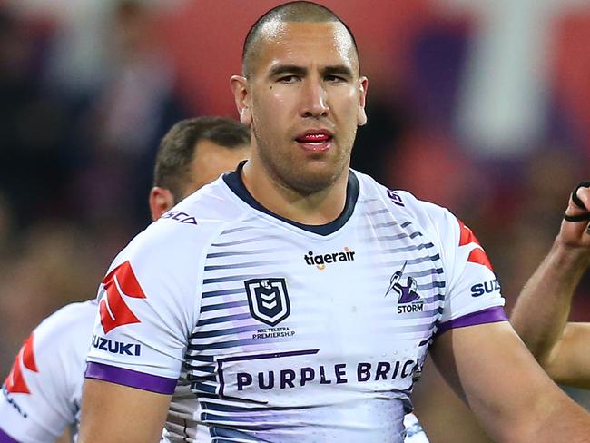 SYDNEY, AUSTRALIA - SEPTEMBER 28:  Nelson Asofa-Solomona of the Storm is sent to the sin-bin during the NRL Preliminary Final match between the Sydney Roosters and the Melbourne Storm at the Sydney Cricket Ground on September 28, 2019 in Sydney, Australia. (Photo by Jason McCawley/Getty Images)