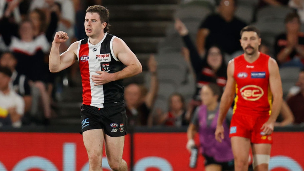 MELBOURNE, AUSTRALIA - APRIL 16: Jack Higgins of the Saints celebrates a goal during the 2022 AFL Round 05 match between the St Kilda Saints and the Gold Coast Suns at Marvel Stadium on April 16, 2022 In Melbourne, Australia. (Photo by Michael Willson/AFL Photos via Getty Images)