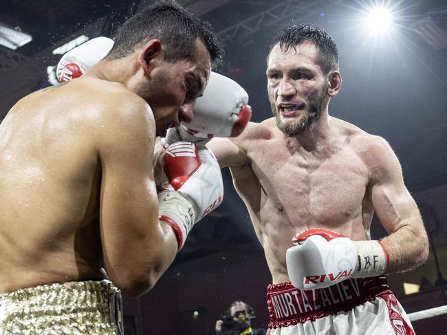 06 April 2024, Brandenburg, Falkensee: Boxing: World Championship fight, junior middleweight, Murtazaliev (USA) - Culcay (Germany), Stadthalle Falkensee. Jack Culcay (l) in action against Bakhram Murtazaliev. Photo: Hannes P. Albert/dpa (Photo by Hannes P. Albert/picture alliance via Getty Images)