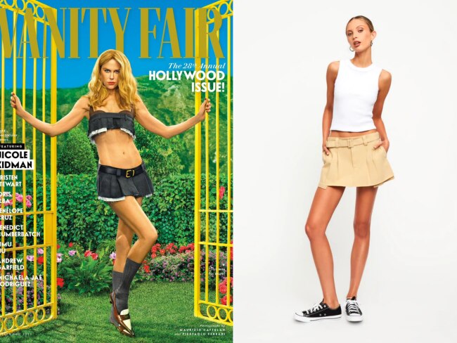 The Miu Miu mini skirt, and it's slightly-longer cousin for sale at Lioness. Picture: Vanity Fair, Supplied