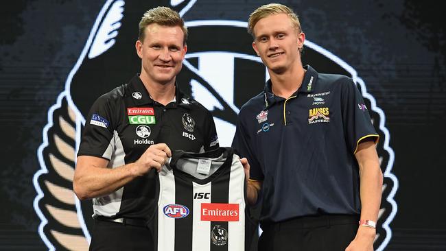 Jaidyn Stephenson with Nathan Buckley on draft night. Picture: Getty Images