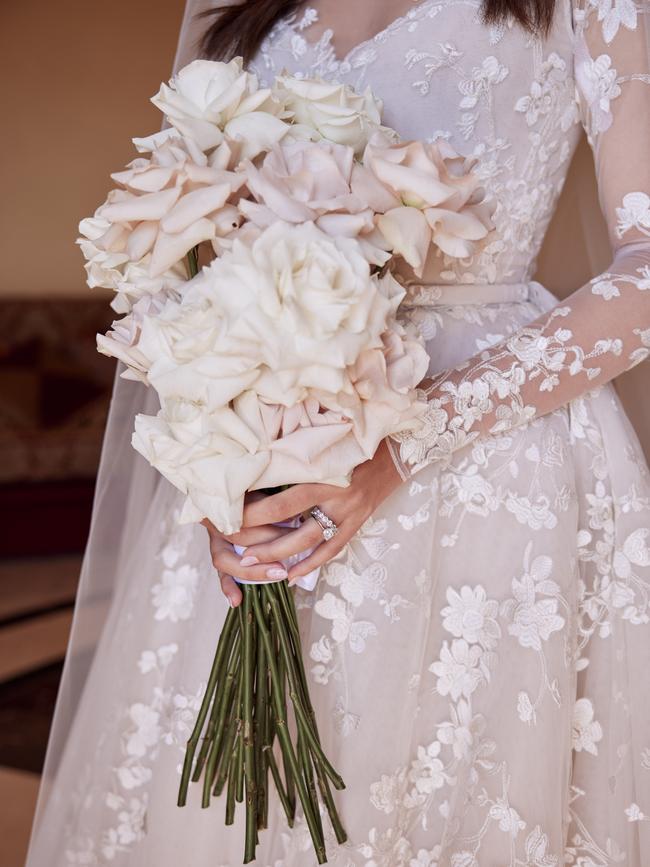 Detail on the Paolo Sebastian’s custom wedding dress. Picture: Lost In Love Photography