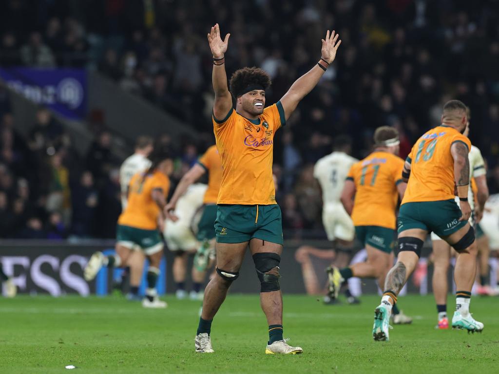 Rob Valetini celebrates at full time following Australia's upset victory. Picture: Getty