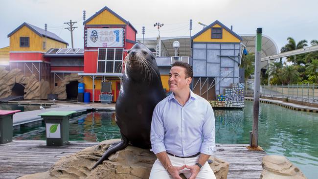 On Saturday Sea World will mark its 50th anniversary since opening. Boston the California sea lion with CEO Clark Kirby. Picture: Jerad Williams