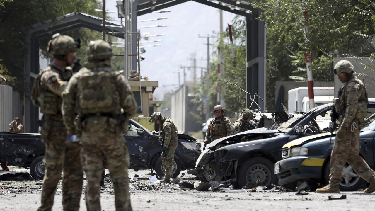 Resolute Support (RS) forces arrive at the site of a car bomb explosion in Kabul, Afghanistan on September 5. Picture: AP