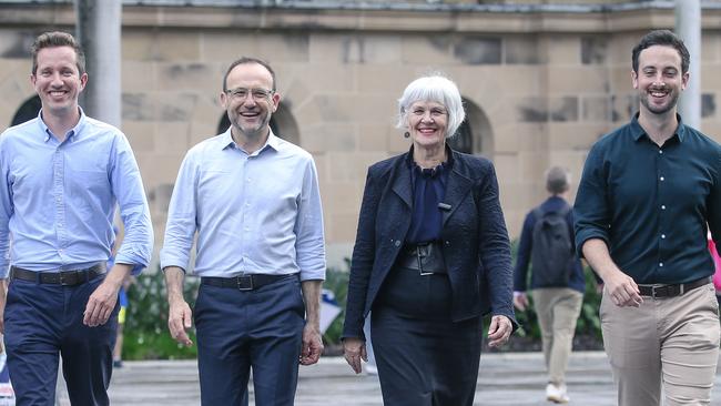 Greens Leader Adam Bandt (centre) with Brisbane MPs, Max Chandler-Mather, Elizabeth Watson Brown and Stephen Bates, is hoping to expand the Greens numbers in the lower house. Picture: NewsWire/ Glen Campbell