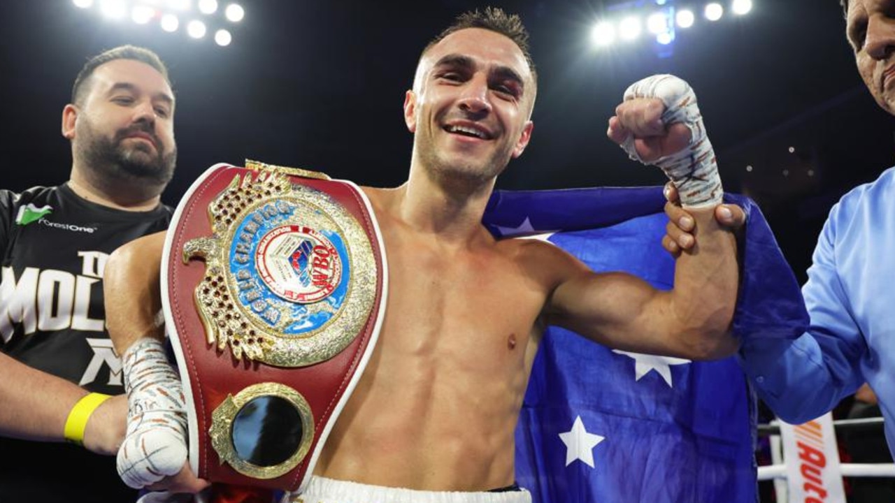 STOCKTON, CALIFORNIA - MAY 13: Jason Moloney celebrates after defeating Vincent Astrolabio during their WBO bantamweight championship fight at Stockton Arena on May 13, 2023 in Stockton, California. (Photo by Mikey Williams/Top Rank Inc via Getty Images)