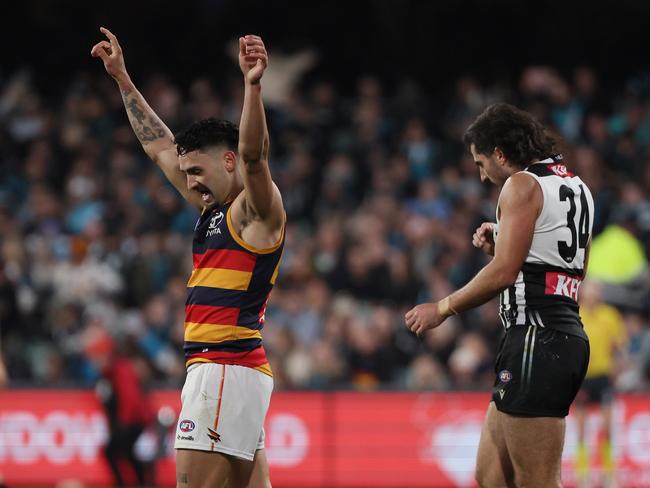 ADELAIDE, AUSTRALIA - MAY 10: Izak Rankine of the Crows celebrates their win during the 2025 AFL Round 09 match between the Port Adelaide Power and the Adelaide Crows at Adelaide Oval on May 10, 2025 in Adelaide, Australia. (Photo by James Elsby/AFL Photos via Getty Images)