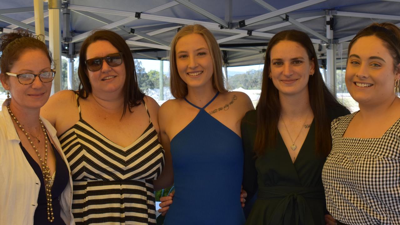 (Left to right) Tash Brennan, Rennee Crossley, Mac Duffell, Hannah Curtain and Sarea Taylor at the Gympie Times Ladies Race Day 2021. Photo: Elizabeth Neil