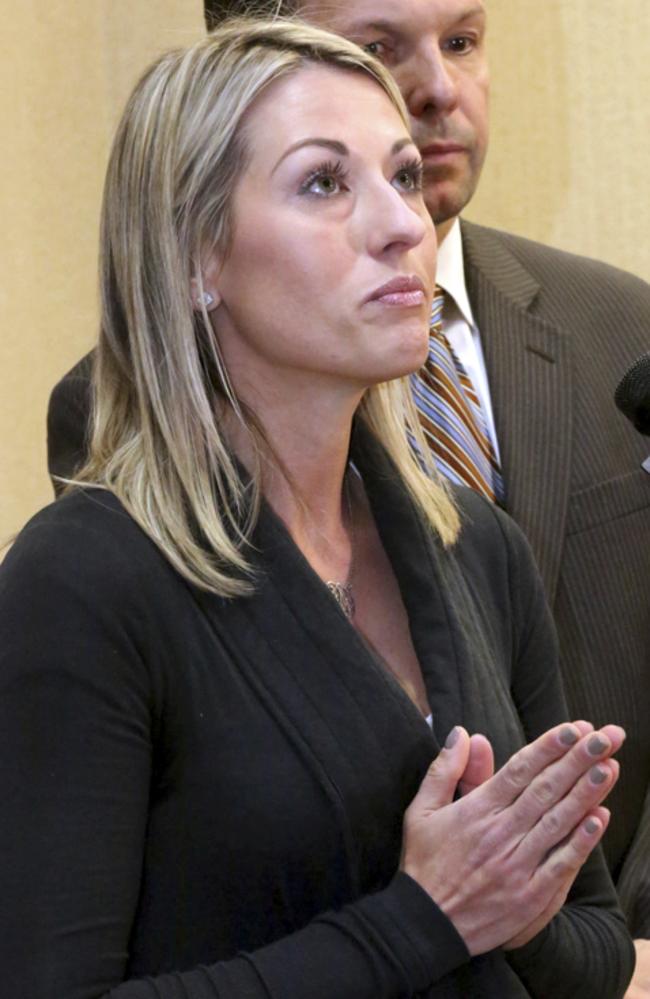 Kim Pack, daughter of murder victim April Kauffman, talks to the media after her stepfather, Dr. James Kauffman, was charged in the murder. Picture: AP