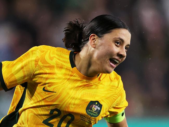 *APAC Sports Pictures of the Week - 2023, April 17* - BRENTFORD, ENGLAND - APRIL 11: Sam Kerr of Australia celebrates after scoring the team's first goal during the Women's International Friendly match between England and Australia at Gtech Community Stadium on April 11, 2023 in Brentford, England. (Photo by Ryan Pierse/Getty Images)