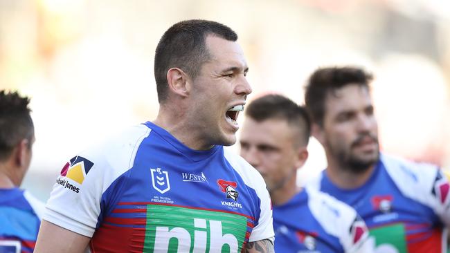 SYDNEY, AUSTRALIA - OCTOBER 04: David Klemmer of the Knights looks on during the NRL Elimination Final match between the South Sydney Rabbitohs and the Newcastle Knights at ANZ Stadium on October 04, 2020 in Sydney, Australia. (Photo by Mark Kolbe/Getty Images)