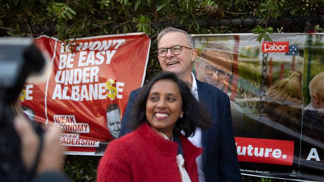 Anthony Albanese with Dr Michelle Ananda-Rajah at a polling station on election day 2022. Picture: AFP