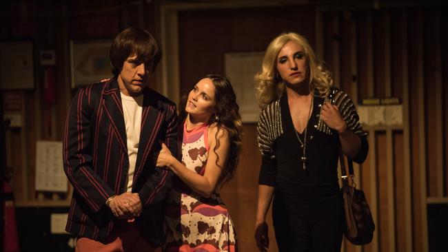 Happy family ... Molly (Samuel Johnson) and fiance Camille (Rebecca Breeds) with Caroline (Ben Gerrard) on set of Countdown.