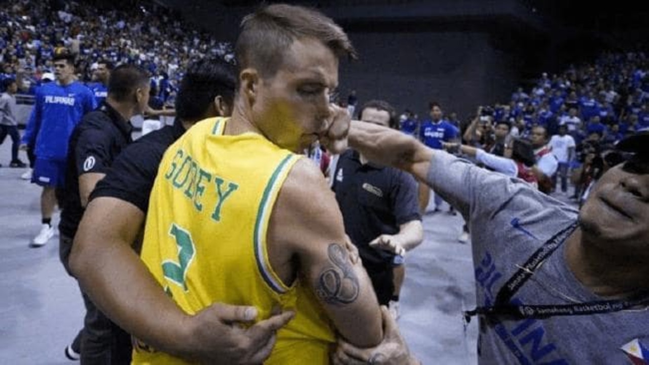 Nathan Sobey is punched in the face during the brawl. Picture: Spin