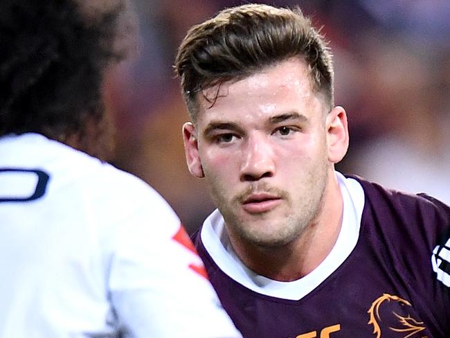 BRISBANE, AUSTRALIA - AUGUST 02: Patrick Carrigan of the Broncos takes on the defence during the round 20 NRL match between the Brisbane Broncos and the Melbourne Storm at Suncorp Stadium on August 02, 2019 in Brisbane, Australia. (Photo by Bradley Kanaris/Getty Images)