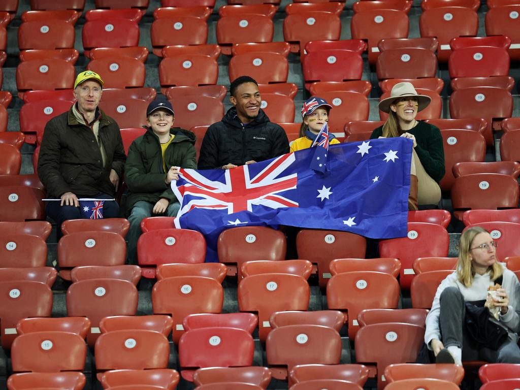 A few hardy Matildas fans in the crowd. Picture: Arnd Wiegmann/Getty Images for Football Australia