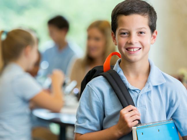 Caucasian male elementary school student smiles at the camera in his classroom. His classmates and teacher are in the background.