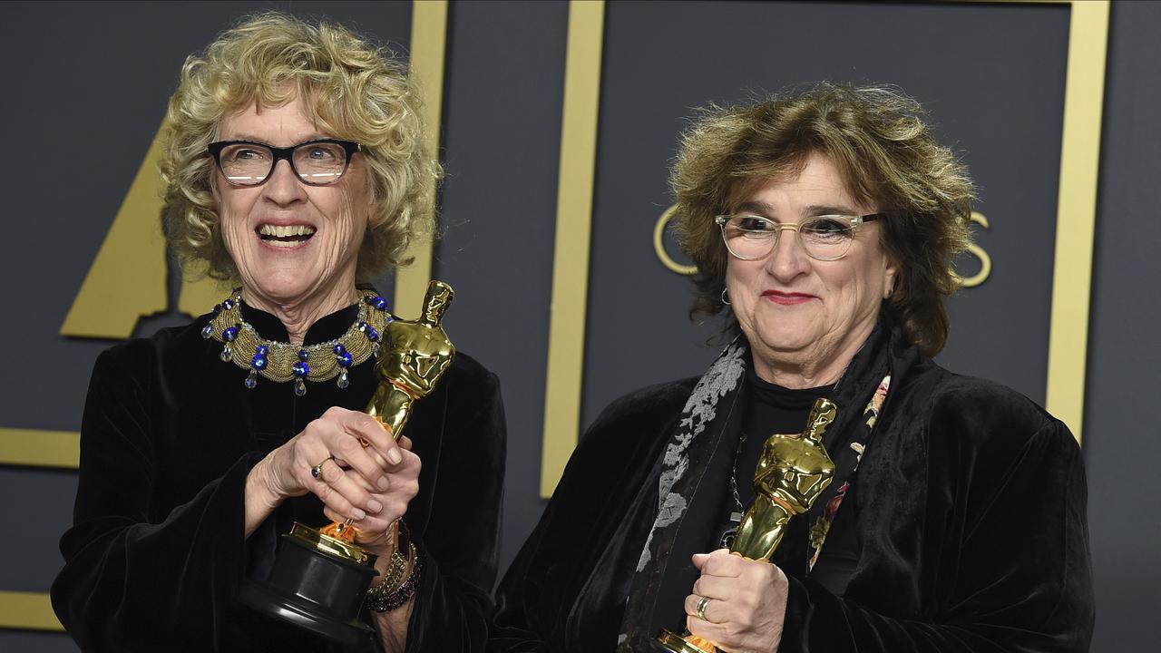 Best Production Design: <i>Once Upon a Time in Hollywood</i>. Nancy Haigh, left, and Barbara Ling, right, accept the award. Picture: AP