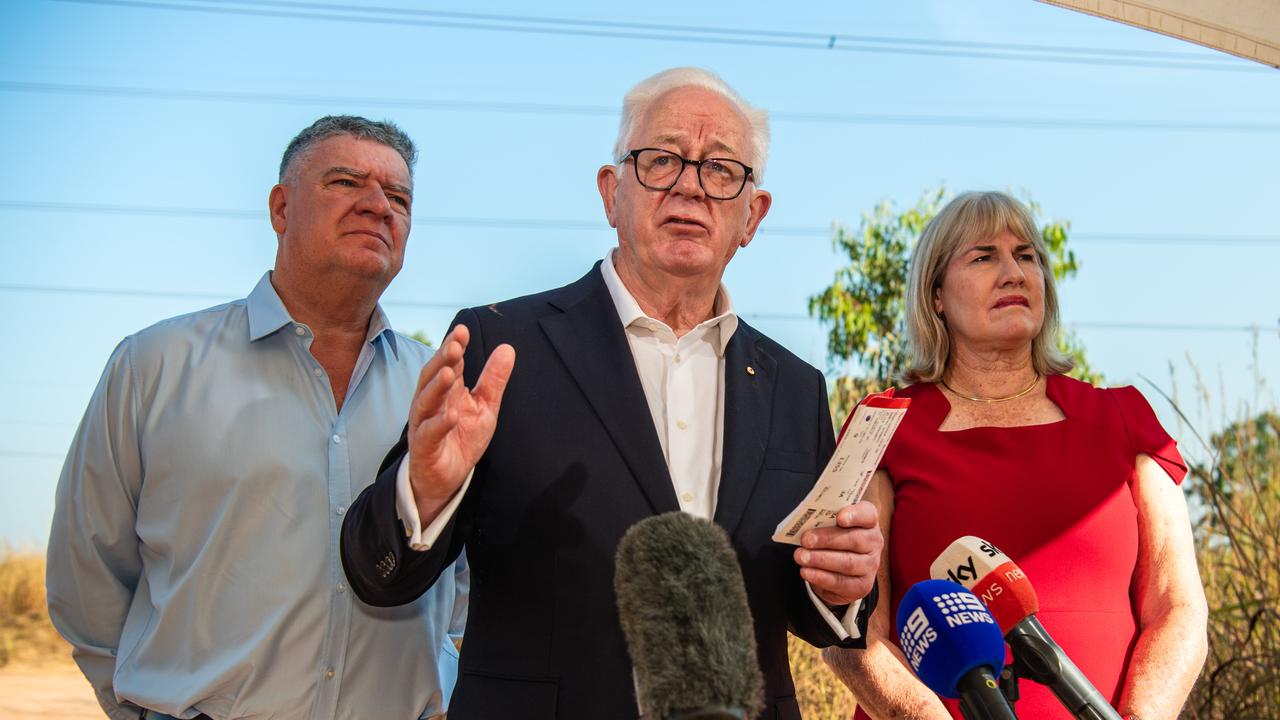 Mining Minister Mark Monaghan, Tamboran Resources director Andrew Robb and Chief Minister Eva Lawler as the company is awarded Major Project status for its Beetaloo basin development. Picture: Pema Tamang Pakhrin