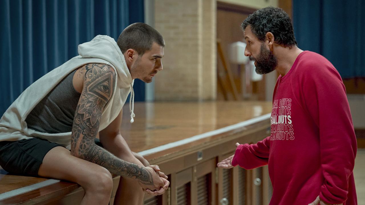 Basketball drama Hustle stars Juancho Hernangomez and Adam Sandler. Picture: Scott Yamano/Netflix