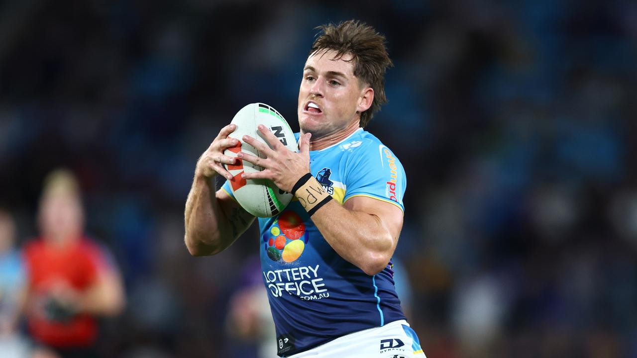 GOLD COAST, AUSTRALIA - MAY 04: AJ Brimson of the Titans in action during the round nine NRL match between Gold Coast Titans and Melbourne Storm at Cbus Super Stadium, on May 04, 2024, in Gold Coast, Australia. (Photo by Chris Hyde/Getty Images)