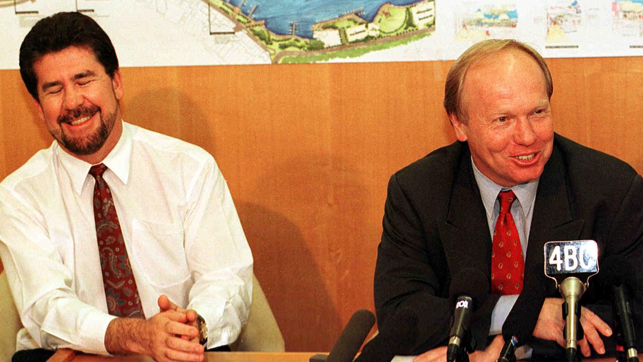 Townsville Mayor Tony Mooney caught photographed in the moment laughing at a comment by Premier Peter Beattie during an interview in April, 1999. Plans of The Strand project are showcased behind them. Picture: Cameron Laird.
