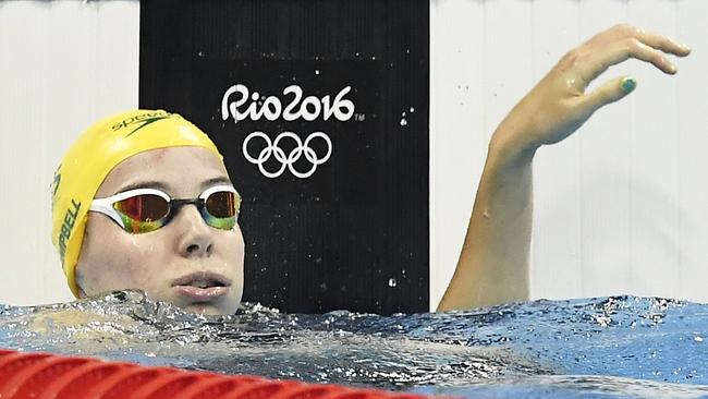 Bronte Campbell checks her time after competing in a women's 100-metre freestyle heat.