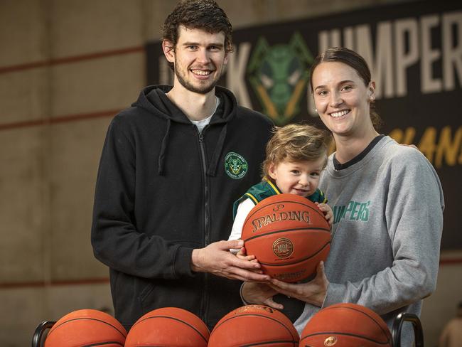 JackJumpers captain Clint Steindl, wife Kayla and son Noah 2. Picture: Chris Kidd