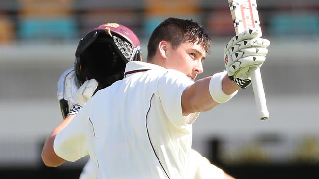 Matt Renshaw reaches his century. Picture: Peter Wallis