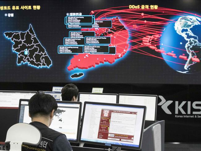 Staff monitor the spread of ransomware cyber attacks at the Korea internet and Security Agency (KISA) in Seoul in May. Picture: Yonhap/AFP