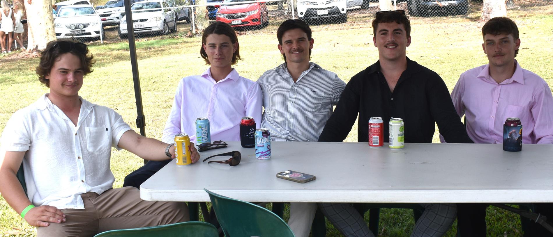 Will Henderson, Jaymes Reddish, Bryce Leighton, Mathew Groves and Jack Lloyd at the Yeppoon Turf Club's Derby Day races at Keppel Park Racecourse on November 2, 2024.