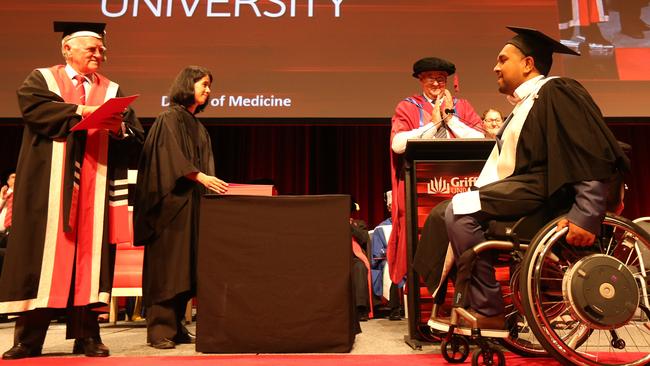 Dr Dinesh Palipana graduated from Griffith School of Medicine last week. Unlike fellow graduates, however, the quadriplegic is yet to be offered a job by Queensland Health. Photo: Mike Batterham