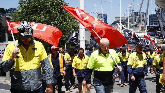 Union members speaking outside 1 William Street in the Brisbane CBD on Wednesday. Picture: NCA NewsWire/Tertius Pickard