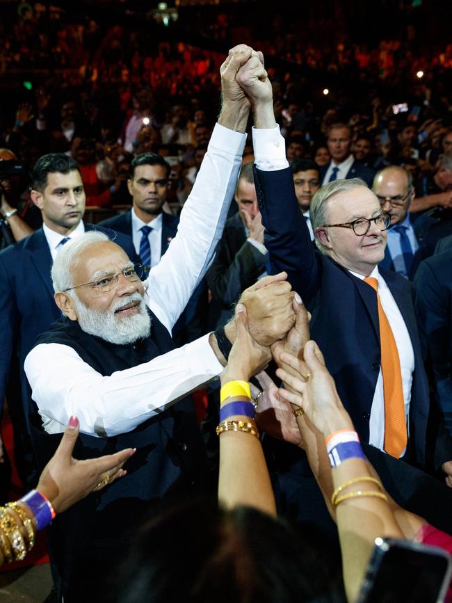 Indian Prime Minister Narendra Modi with Anthony Albanese at Harris Park. Picture: NCA NewsWire / David Swift