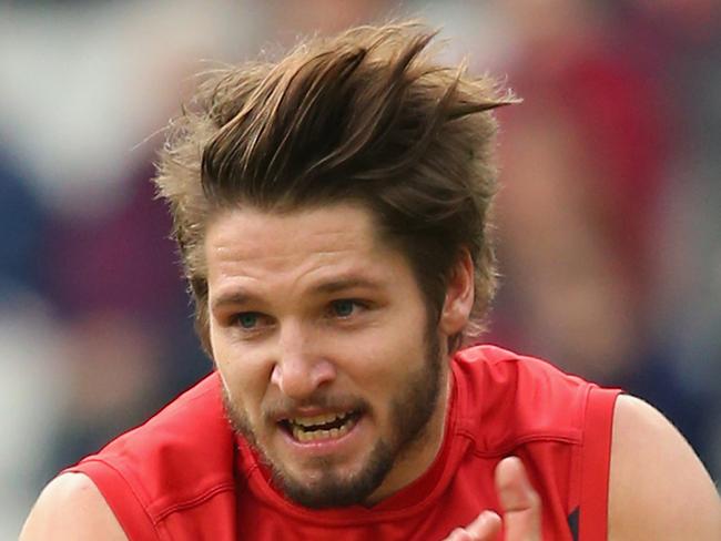 MELBOURNE, AUSTRALIA - MAY 24: Jesse Hogan of the Demons celebrates after kicking a goal during the round eight AFL match between the Melbourne Demons and the Western Bulldogs at Melbourne Cricket Ground on May 24, 2015 in Melbourne, Australia. (Photo by Quinn Rooney/Getty Images)