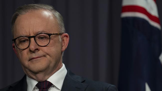 Anthony Albanese holds a press conference after the Indigenous voice to parliament’s defeat. Picture: NCA NewsWire / Martin Ollman