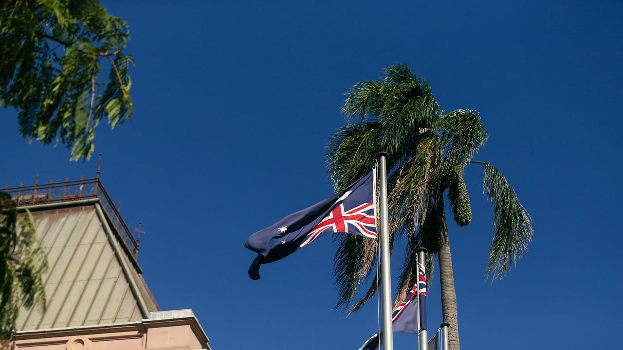 Queensland must be in dire straits as an upside down flag flies outside Queensland’s Parliament House. Picture: NCA NewsWire/Glenn Campbell