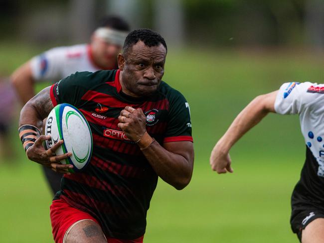 Darwin Rugby Union Round 11: South Darwin v University Pirates. Stefano Cakaunivalu on a run to pass off for a try.Picture: Che Chorley