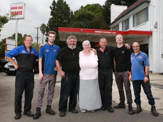 Staff Matt Cook, Josh Cook, Jeff and Cheryl Barbara, Mark Mason, James Purdy and Simon Tesoriero at the Bobbin Head Garage. Picture: Mark Scott