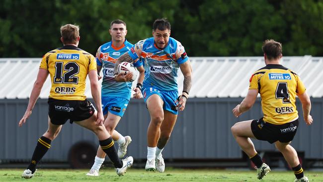 Pride's Nick Lui-Toso on the charge in the Hostplus Cup Queensland Rugby League (QRL) match between the Northern Pride and the Sunshine Coast Falcons, held at Barlow Park, Cairns Picture: Brendan Radke